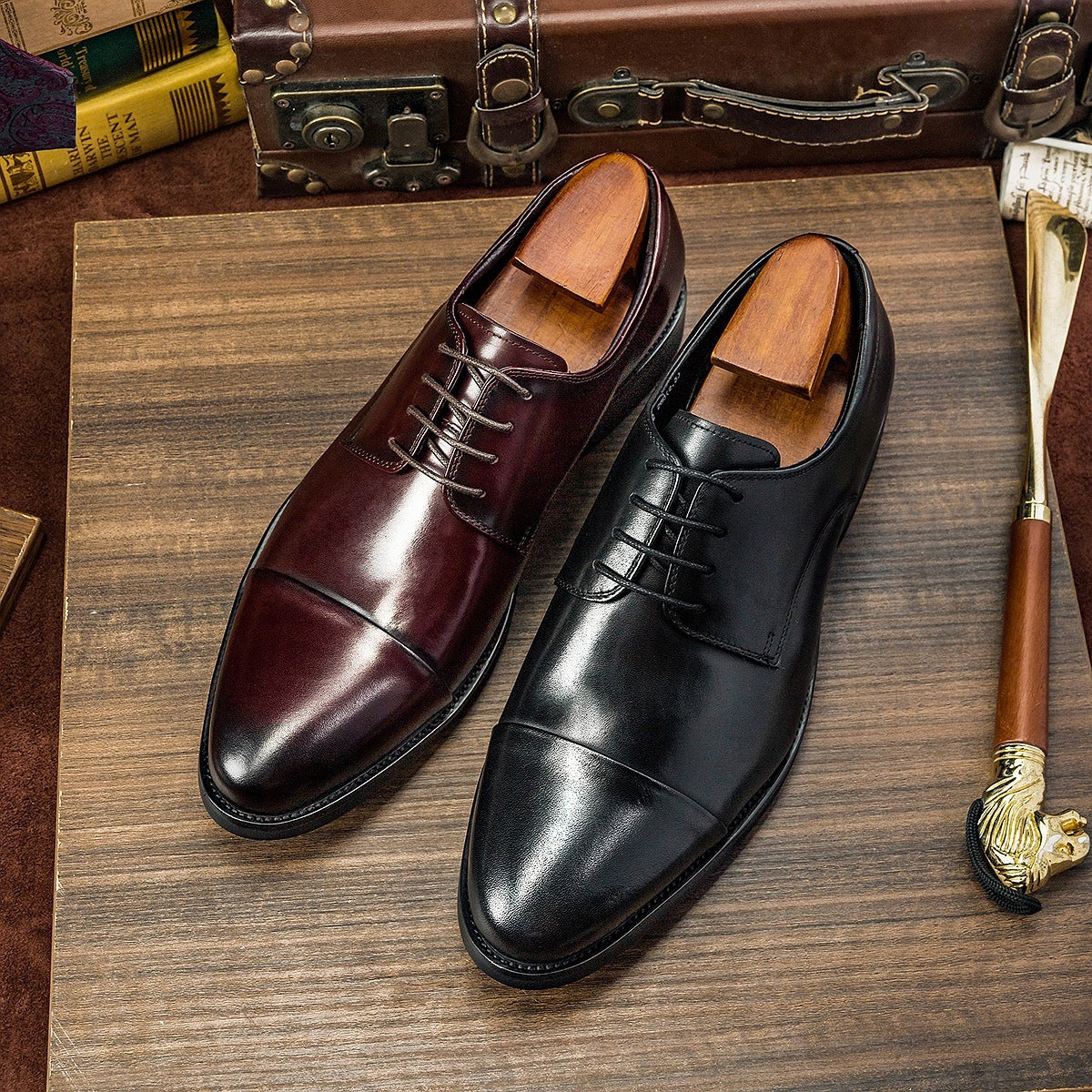 Three-Joint Leather Shoes Round Toe Strap Head Layer Cowhide
