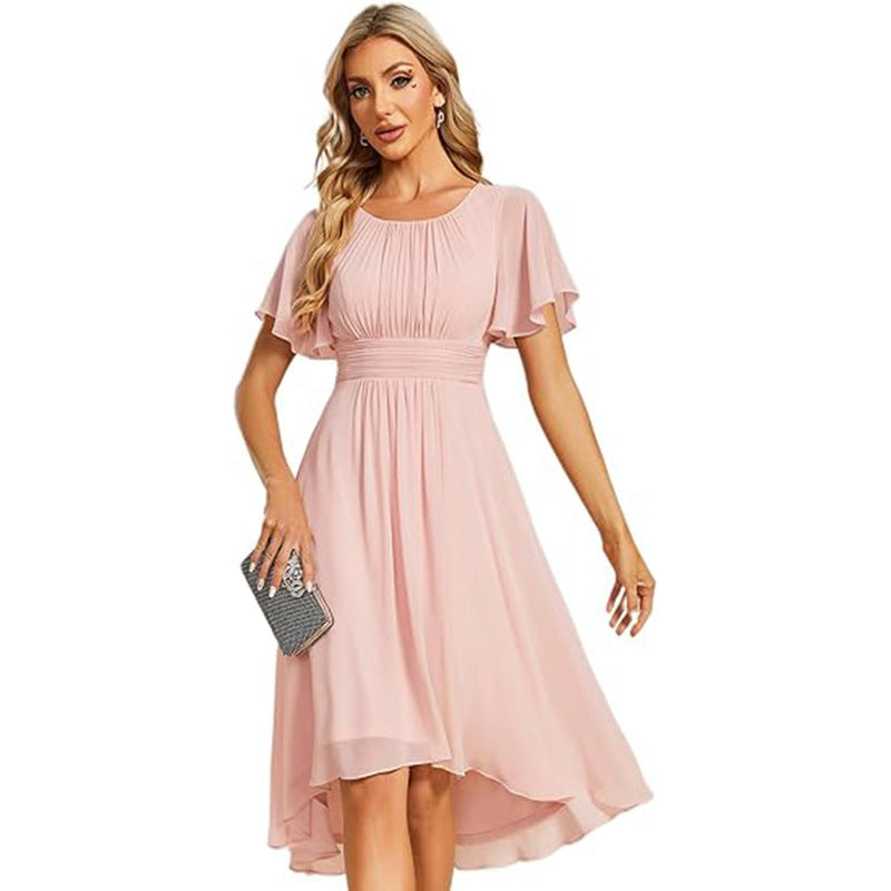 Women Round Neck Pleated Short Sleeve Wedding Elegant Evening Dress