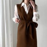 Sleeveless dress elegant V-neck woolen dress