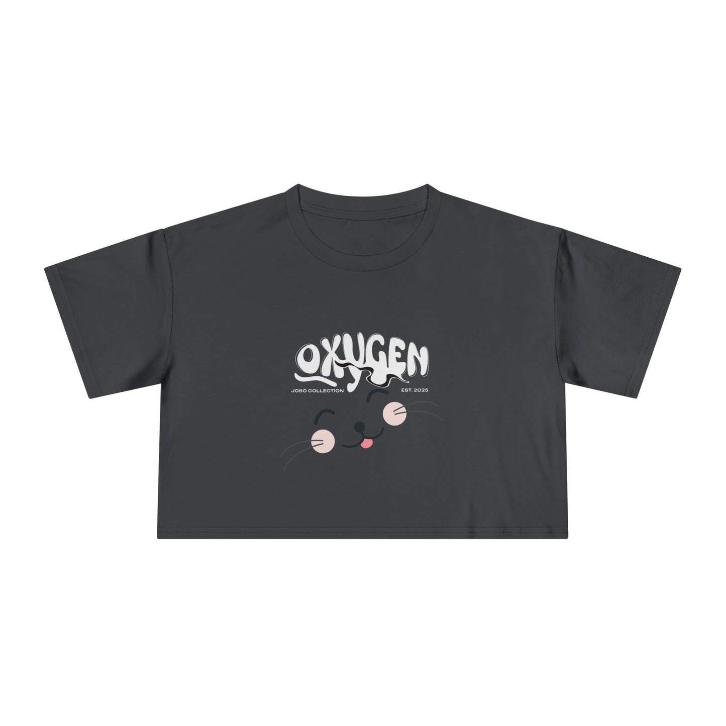 Cute Cat Graphic Women's Crop Tee - Stylish Black Top for Casual Outings.