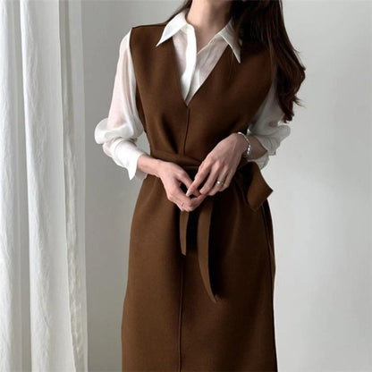 Sleeveless dress elegant V-neck woolen dress