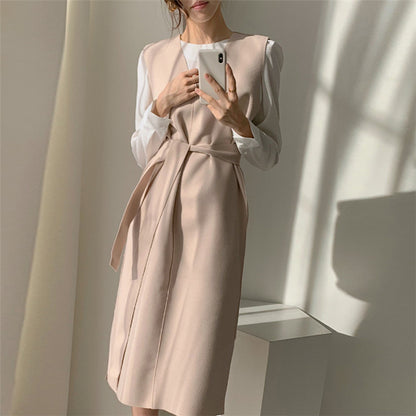 Sleeveless dress elegant V-neck woolen dress