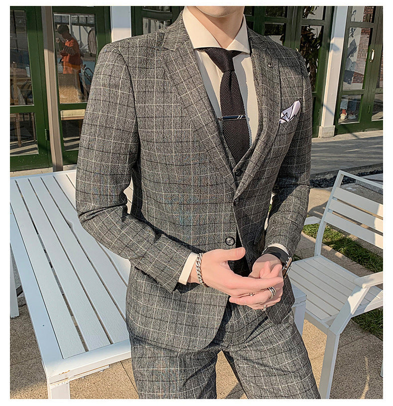 Korean Slim Men's Check Three-piece Customized Wedding Banquet Dress Groom Men's Suit