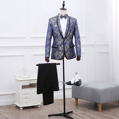 Best Man''s Dress Blue Brocade Suit One Button Green Fruit Collar With Black Edge British Men''s Two Piece Suit