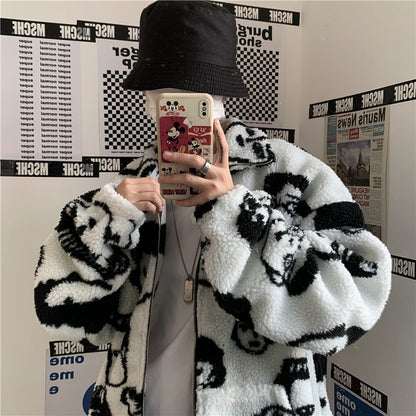 WAKUTA Winter Wool Coat Female Street Wear Chic Cute Funny Print Coats and Jackets Casual Loose Winter Clothes for Women