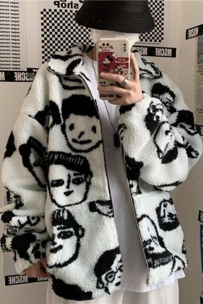 WAKUTA Winter Wool Coat Female Street Wear Chic Cute Funny Print Coats and Jackets Casual Loose Winter Clothes for Women