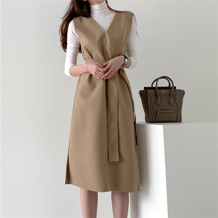 Sleeveless dress elegant V-neck woolen dress