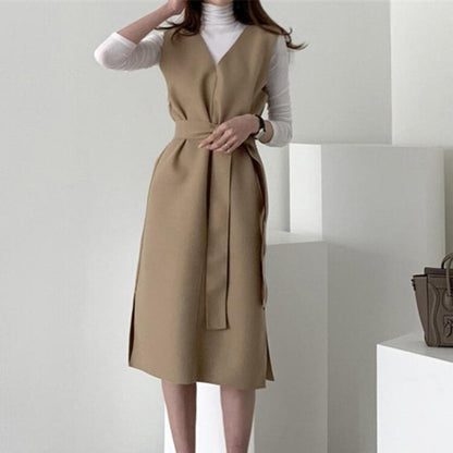 Sleeveless dress elegant V-neck woolen dress