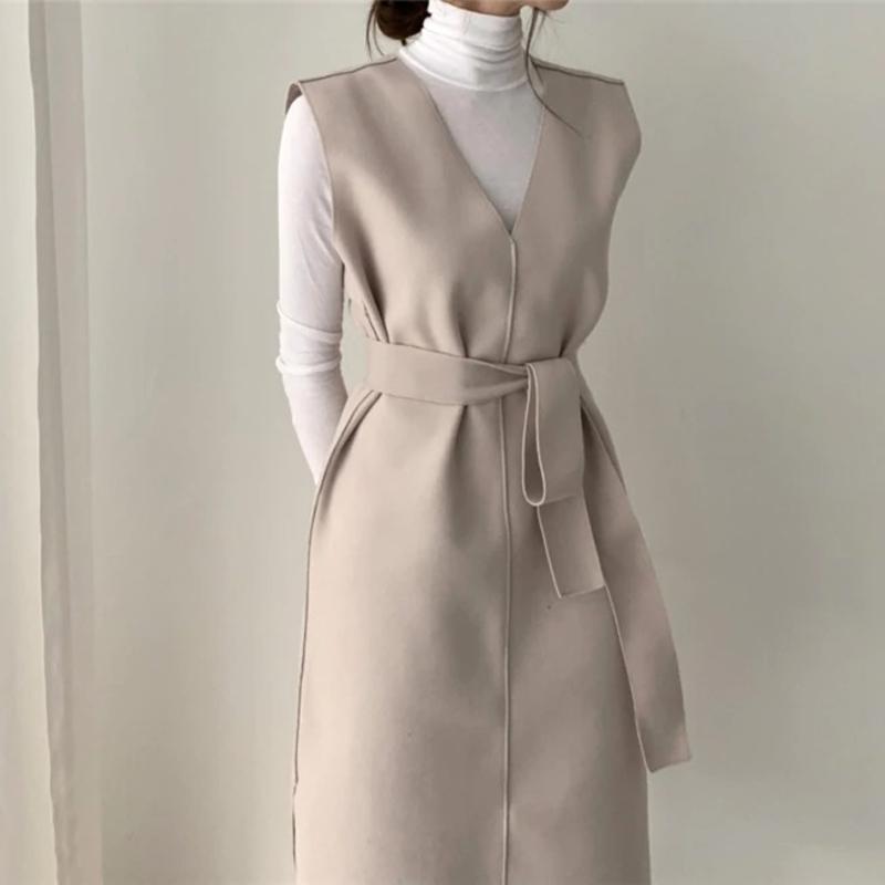 Sleeveless dress elegant V-neck woolen dress