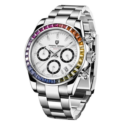 Men's Multifunctional Stainless Steel Colorful Crystals Waterproof Quartz Watch.