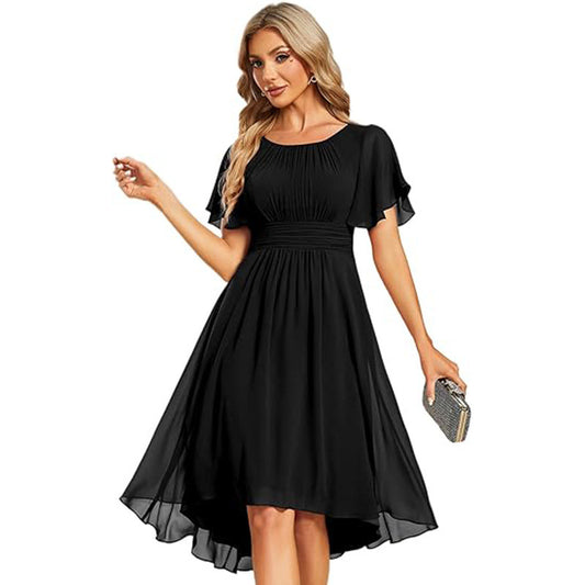 Women Round Neck Pleated Short Sleeve Wedding Elegant Evening Dress