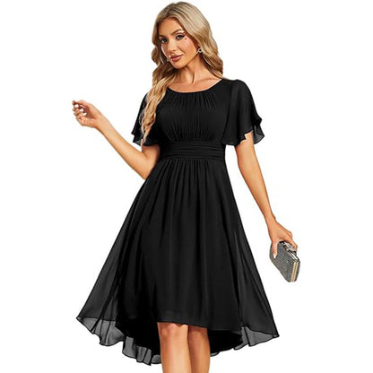 Women Round Neck Pleated Short Sleeve Wedding Elegant Evening Dress