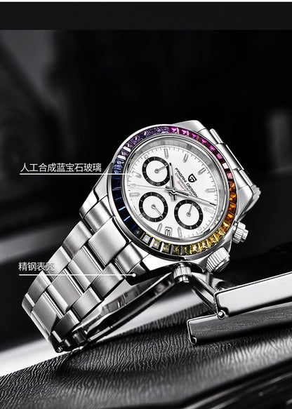 Men's Multifunctional Stainless Steel Colorful Crystals Waterproof Quartz Watch.