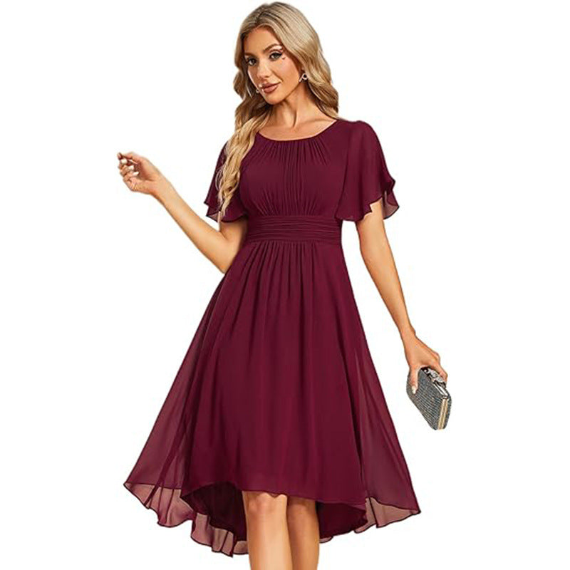 Women Round Neck Pleated Short Sleeve Wedding Elegant Evening Dress