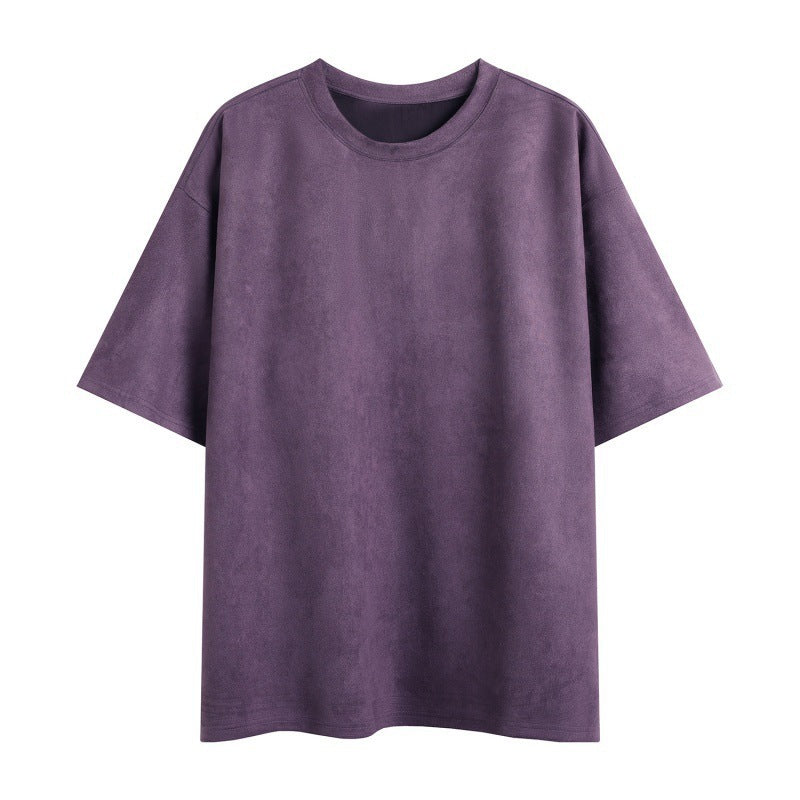 New Men's Second Section Solid Color Light Board Suede Loose Round Neck Pullover Short Sleeve T-shirt