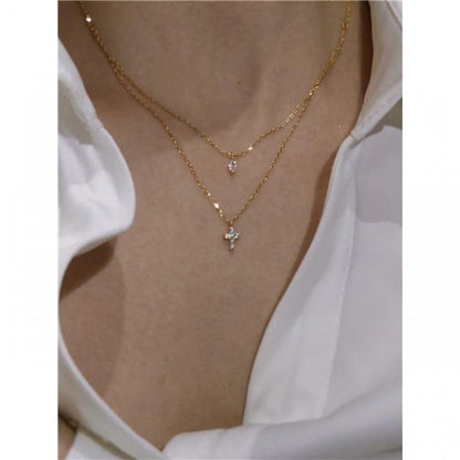 Womens Mini Cross Diamond Double Layer Necklace