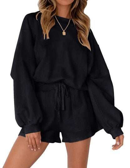 Casual Sports Sweatshirt Suits Loose Pullover Top And Drawstring Shorts Two-piece Set Womens Clothing