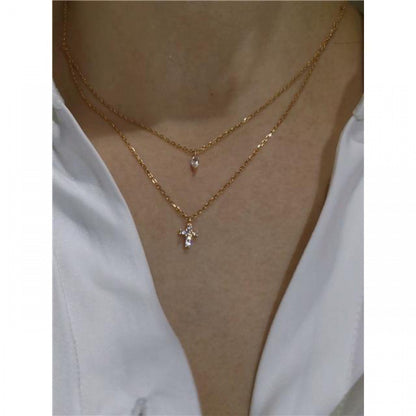 Womens Mini Cross Diamond Double Layer Necklace