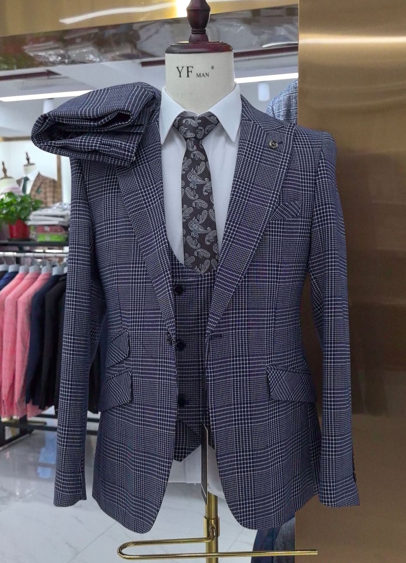 Men's Plaid Wedding Casual Host Suit 3-piece Set