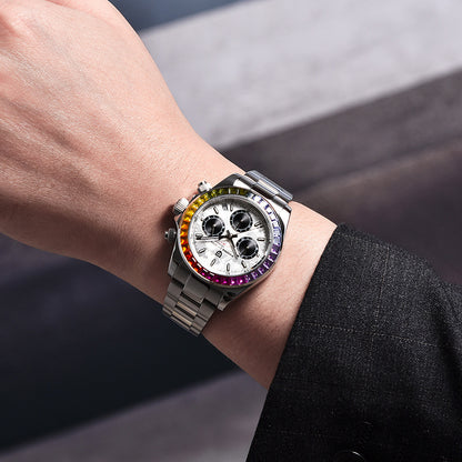 Men's Multifunctional Stainless Steel Colorful Crystals Waterproof Quartz Watch.