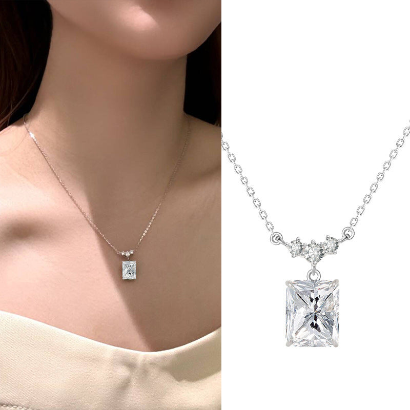 S925 Sterling Silver Light Luxury Square Diamond Necklace Light Luxury Minority