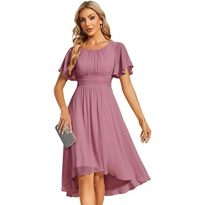 Women Round Neck Pleated Short Sleeve Wedding Elegant Evening Dress