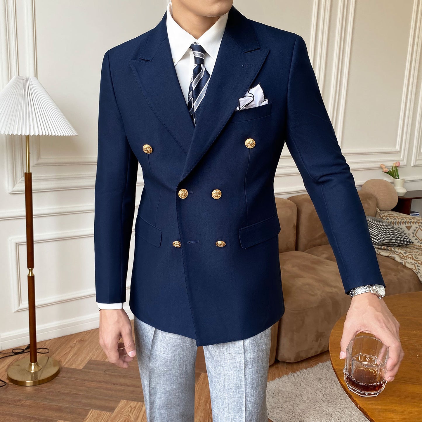 Double Breasted Suit Jacket Men Casual Slim.