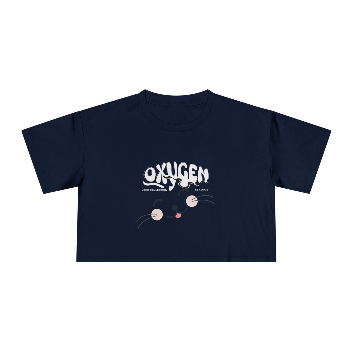 Cute Cat Graphic Women's Crop Tee - Stylish Black Top for Casual Outings.