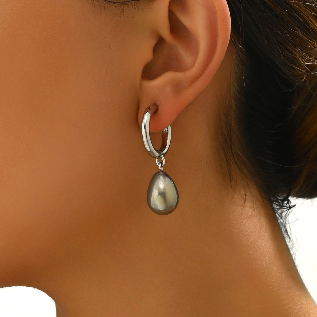 Elegant Silver-Tone Hoop Earrings With Teardrop Pendant