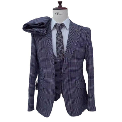 Men's Plaid Wedding Casual Host Suit 3-piece Set