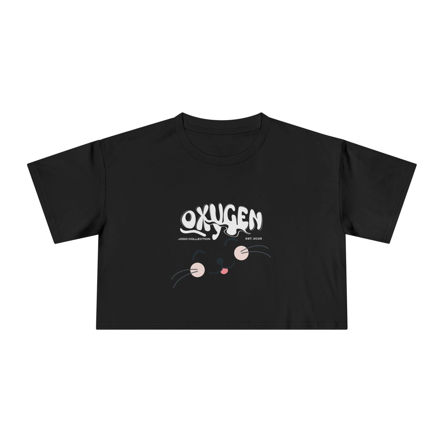 Cute Cat Graphic Women's Crop Tee - Stylish Black Top for Casual Outings.