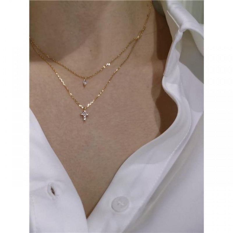 Womens Mini Cross Diamond Double Layer Necklace