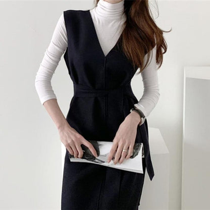 Sleeveless dress elegant V-neck woolen dress