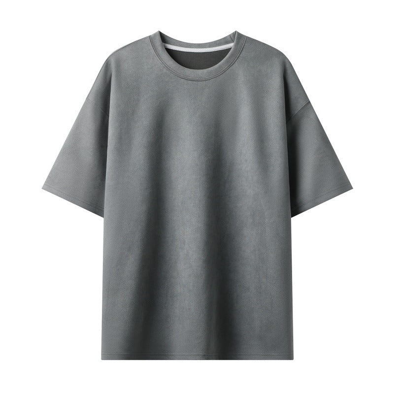 New Men's Second Section Solid Color Light Board Suede Loose Round Neck Pullover Short Sleeve T-shirt