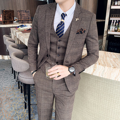 Slim-fit Check Three-piece Men's Casual Suit.