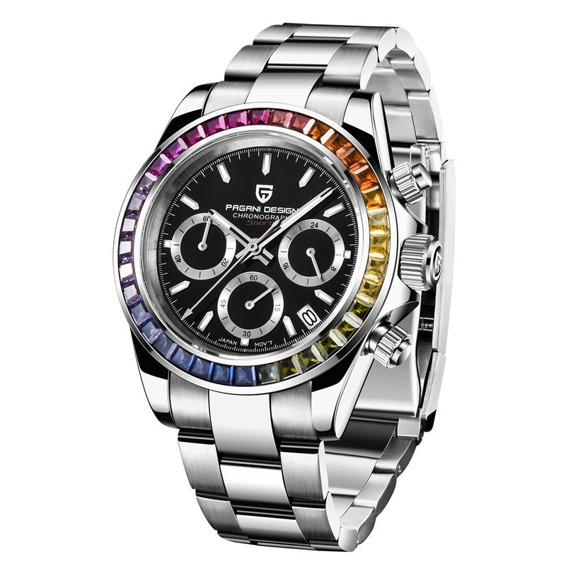 Men's Multifunctional Stainless Steel Colorful Crystals Waterproof Quartz Watch.