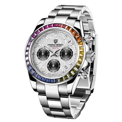 Men's Multifunctional Stainless Steel Colorful Crystals Waterproof Quartz Watch.