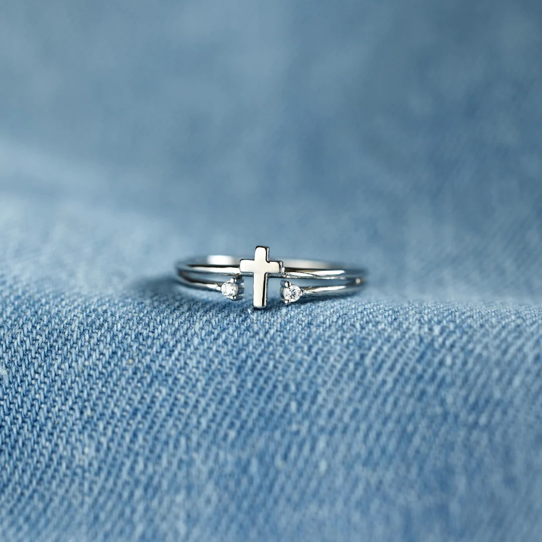 S925 Sterling Silver Cross Zircon Ring