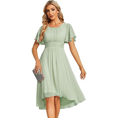 Women Round Neck Pleated Short Sleeve Wedding Elegant Evening Dress