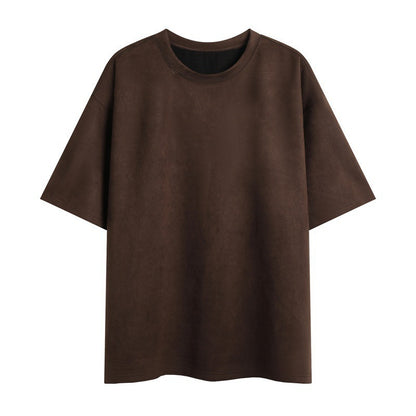 New Men's Second Section Solid Color Light Board Suede Loose Round Neck Pullover Short Sleeve T-shirt