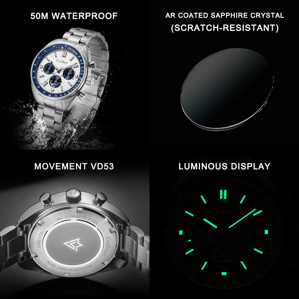 Three-eye Timing Multi-function Waterproof Men's Quartz Watch.