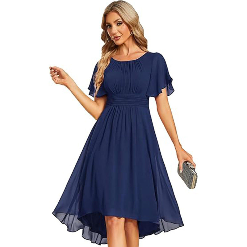 Women Round Neck Pleated Short Sleeve Wedding Elegant Evening Dress