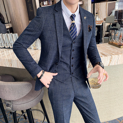 Slim-fit Check Three-piece Men's Casual Suit.