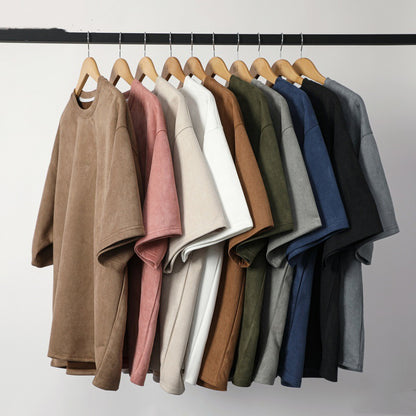 New Men's Second Section Solid Color Light Board Suede Loose Round Neck Pullover Short Sleeve T-shirt