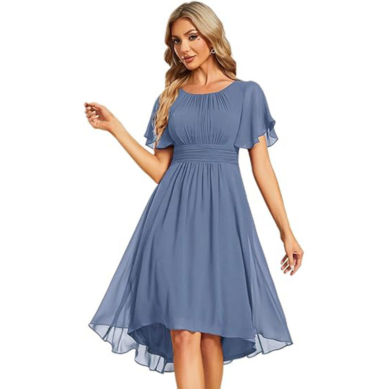 Women Round Neck Pleated Short Sleeve Wedding Elegant Evening Dress