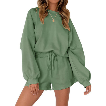 Casual Sports Sweatshirt Suits Loose Pullover Top And Drawstring Shorts Two-piece Set Womens Clothing