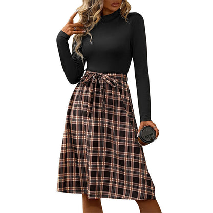 Stand-up Collar Slim Fit Elegant Plaid Dress For Women