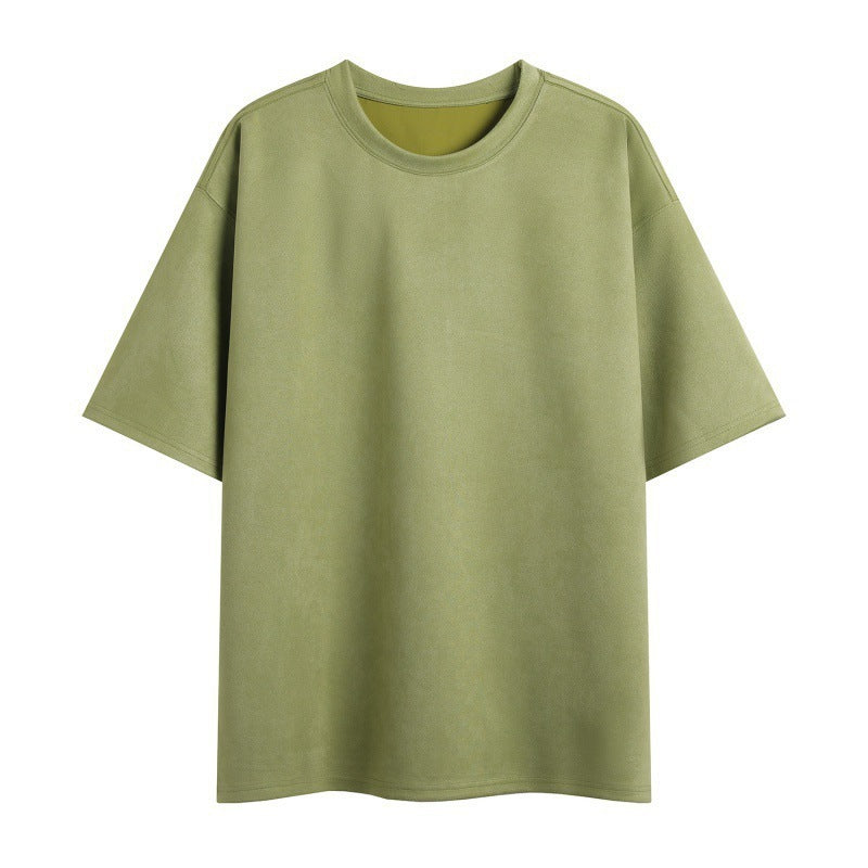 New Men's Second Section Solid Color Light Board Suede Loose Round Neck Pullover Short Sleeve T-shirt