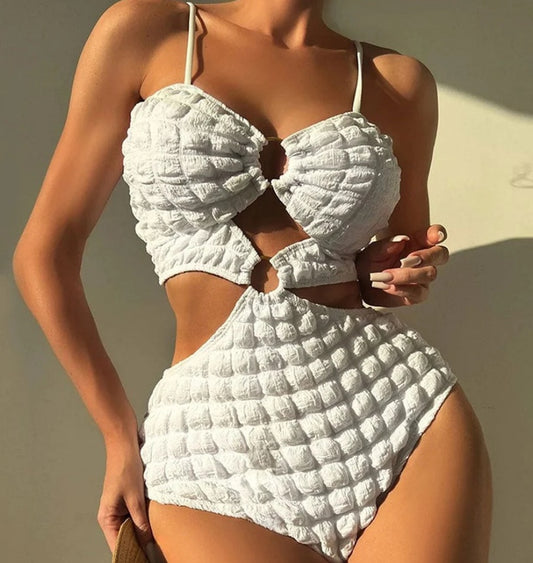 Special Fabric Seersucker Bikini Sexy Ring One-piece Swimsuit For Women