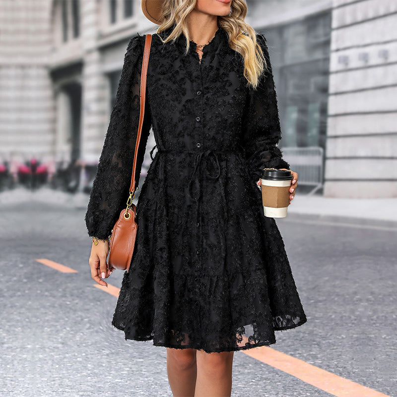 Lace Tied Long Sleeve Dress Fashion Medium Length Dresses Womens Clothing